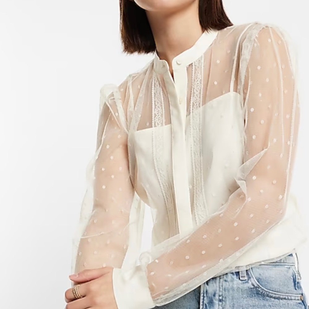 Tulle Polka Dot Long Sleeve Button Up Shirt